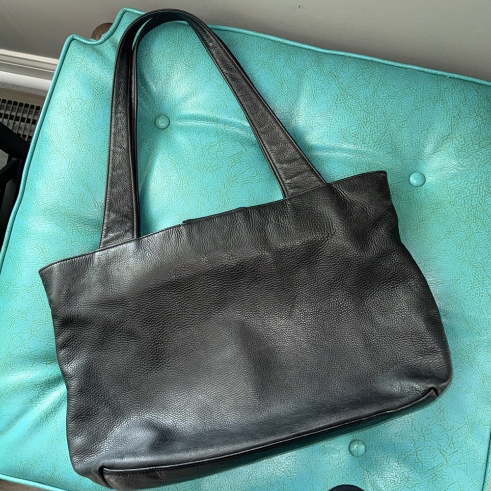 Black pebbled leather quality classic timeless tote bag work bag Libaire - Picture 7 of 11